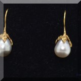 J084. 18K yellow gold and gray pearl drop earrings with leaf design. 1” - $165 